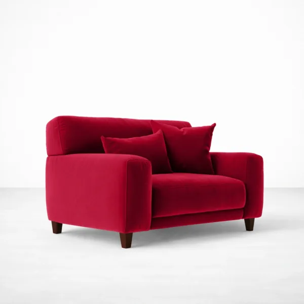 Red velvet loveseat with teakwood legs rear angle view, INTERIORZE RUBY.