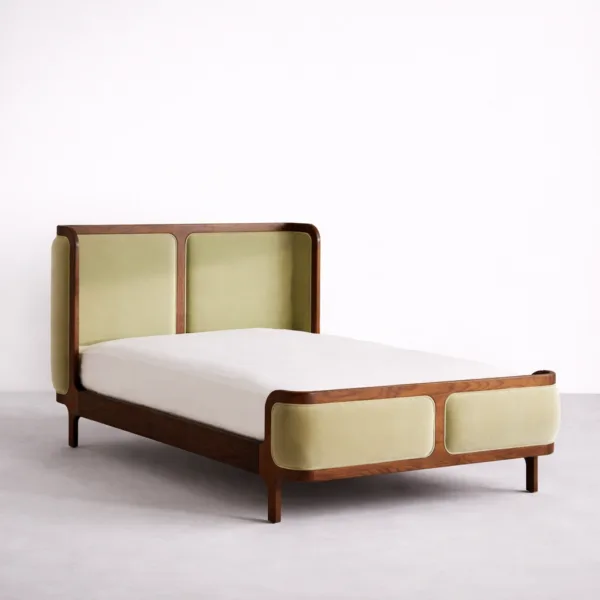 Teakwood upholstered bed with olive green panels angled view showing headboard and footboard