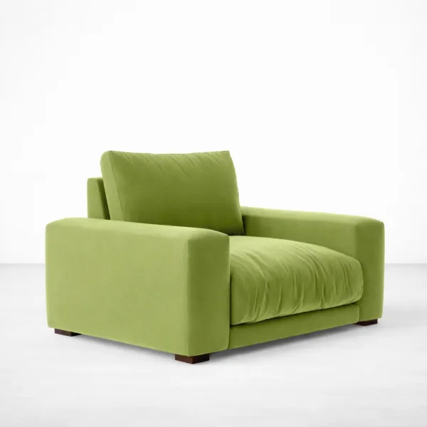 Lime green lounge chair with teakwood legs angled view, INTERIORZE LIMEA.