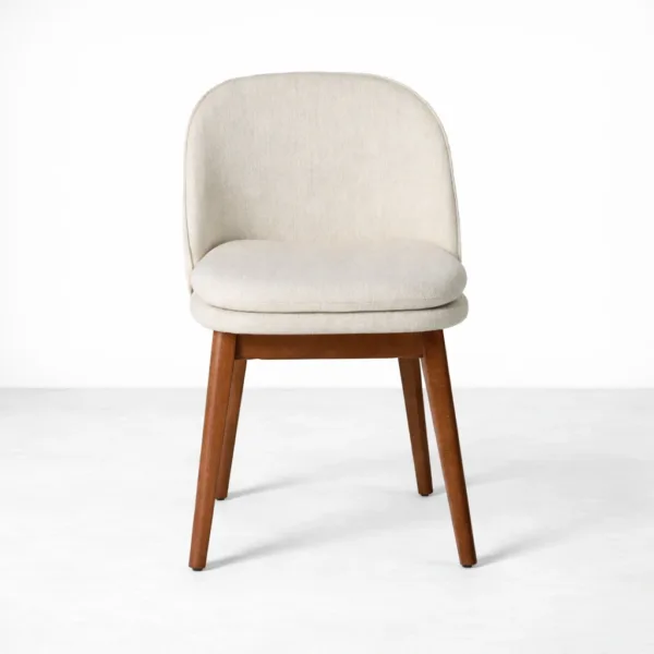 Upholstered teakwood dining chair ivory fabric with walnut polish legs front angle