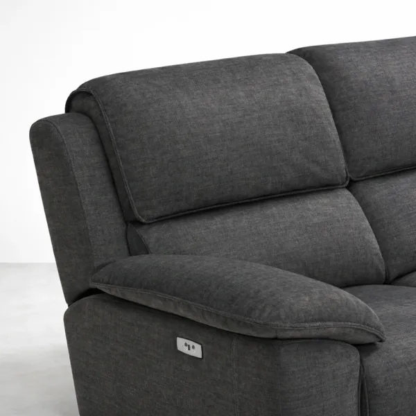 close up of side control panel on charcoal black electric recliner sofa INTERIORZE