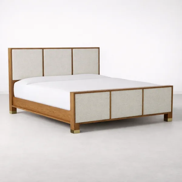 INTERIORZE Elora teakwood upholstered panel bed front angled view in warm wood finish and ivory fabric panels