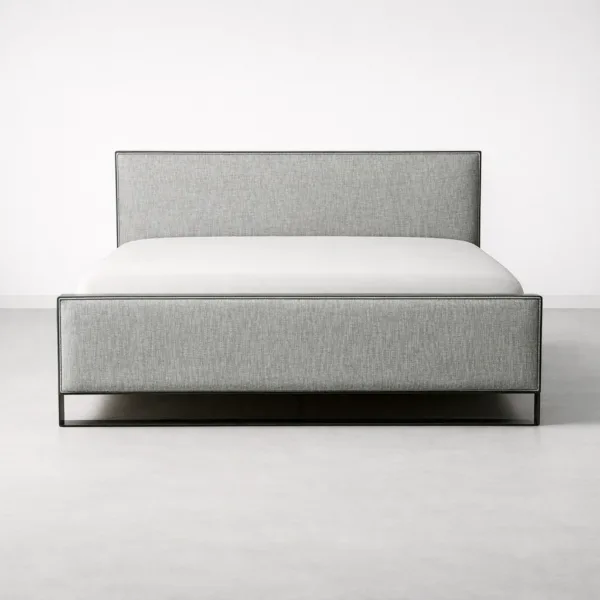 Front view of INTERIORZE Aster teakwood upholstered bed with metal legs in light grey fabric