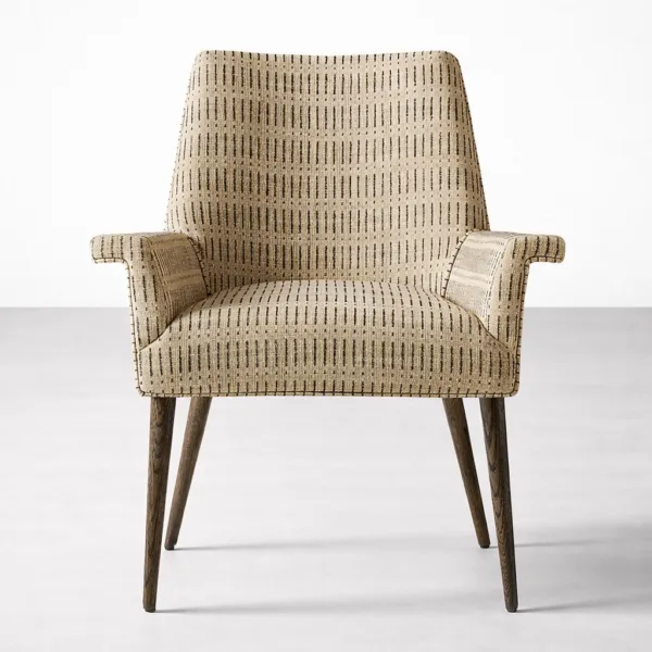INTERIORZE Calvora upholstered arm dining chair front view in beige patterned fabric