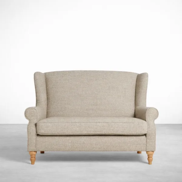 Beige wingback sofa 2 seater front view with rolled arms and teakwood legs by INTERIORZE Elara