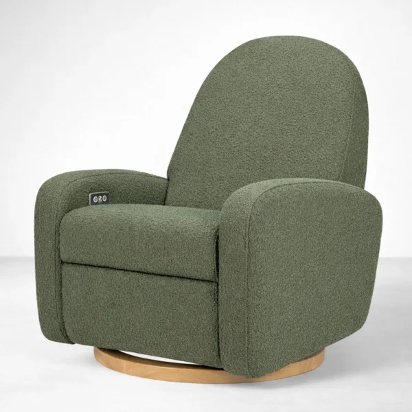 Swivel power recliner chair in green bouclé with wood base by INTERIORZE