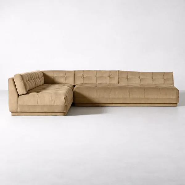 velvet corner sofa with chaise in camel beige by INTERIORZE angle view