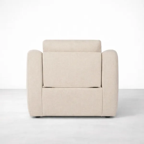 Rear view of beige motorized recliner chair in linen fabric by INTERIORZE