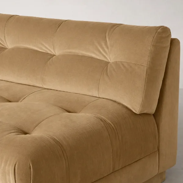 Side profile of camel beige velvet sectional sofa with chaise by INTERIORZE