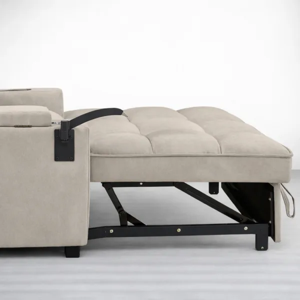 Pull-out sleeper mechanism detail on beige sofa cum bed with storage