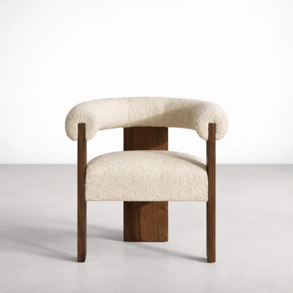 INTERIORZE Arvino solid teakwood upholstered dining chair front view in cream fabric