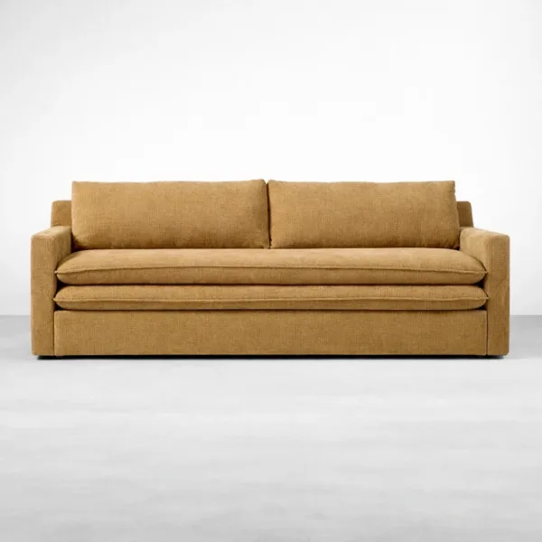 Aster pull-out sofa cum bed in mustard textured fabric front view by INTERIORZE