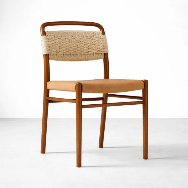 INTERIORZE Sirocco cane back teakwood dining chair with tan upholstered seat front angle view