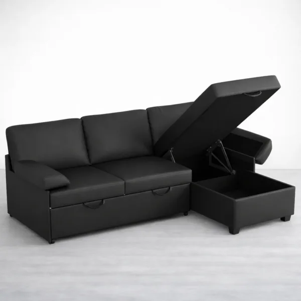 Black L shape sofa cum bed with chaise storage opened and pull-out base by INTERIORZE