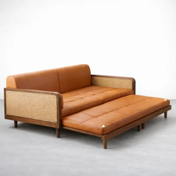 Pull-out bed platform opened on teakwood sofa cum bed with cane panels and tan upholstery INTERIORZE