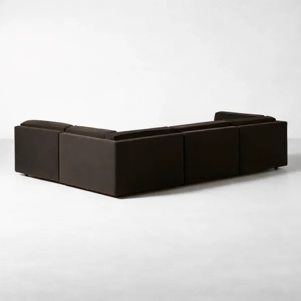 Back view of brown modular sectional sofa showing clean block design