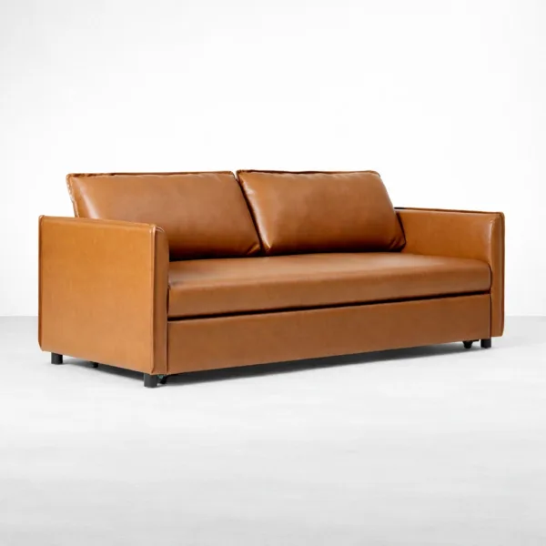 Angled view of caramel leatherette sofa cum bed by INTERIORZE caramel leather sofa cum bed