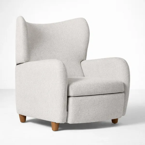 INTERIORZE wingback recliner chair in cloud grey bouclé fabric front angle view