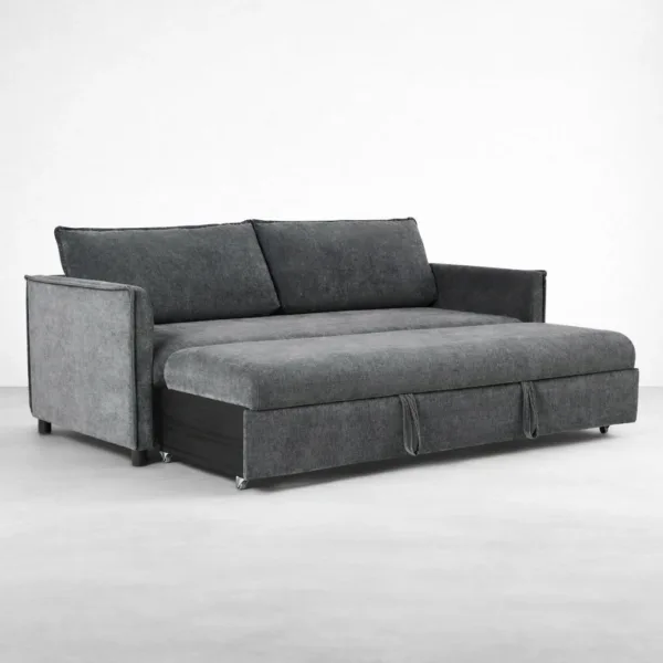 Pull-out trundle bed opened from grey sofa cum bed space saving guest bed INTERIORZE