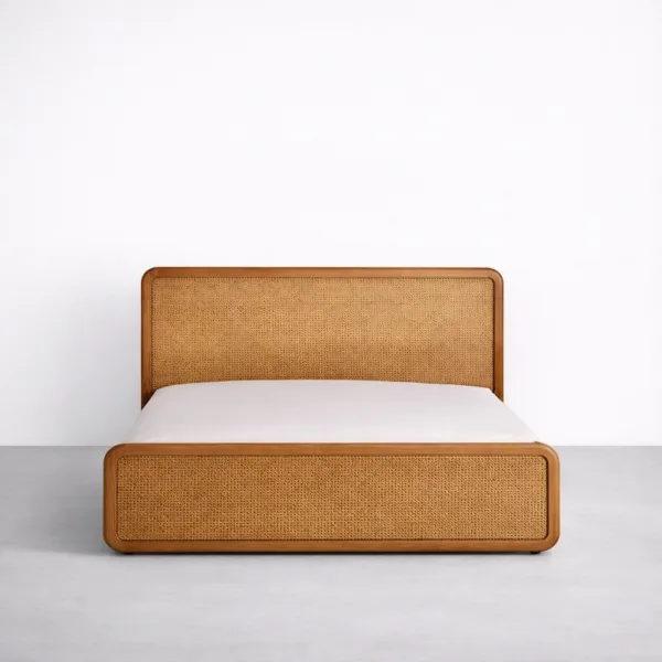 Teakwood cane bed front view with cane panel footboard and headboard