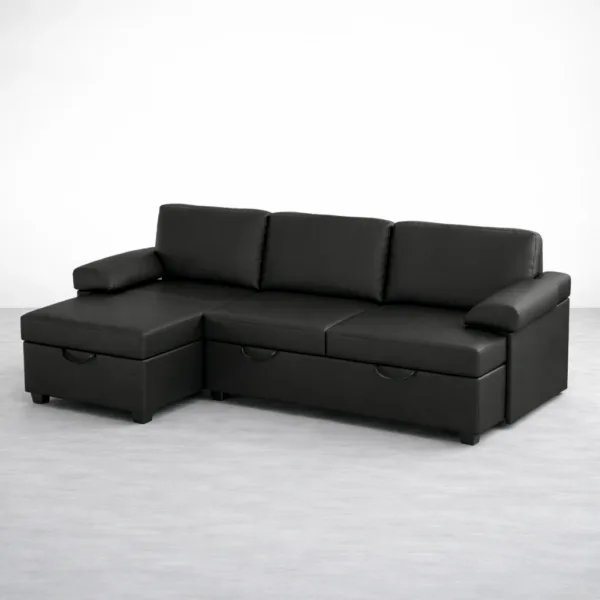 Black L shape sofa cum bed with storage and three back cushions front view INTERIORZE