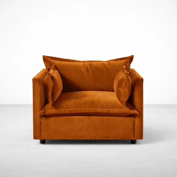 Burnt orange velvet lounge chair with teakwood legs front view, INTERIORZE ARLO.