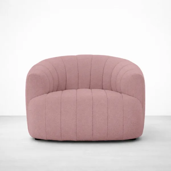 Blush boucle barrel chair front view with rounded arms, INTERIORZE PETAL.