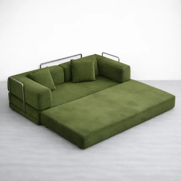 Olive green corduroy sofa cum bed opened into wide floor bed by INTERIORZE