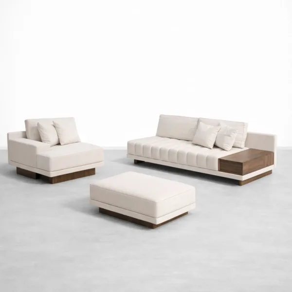 Ivory fabric L shape sectional sofa with teakwood console table detail INTERIORZE