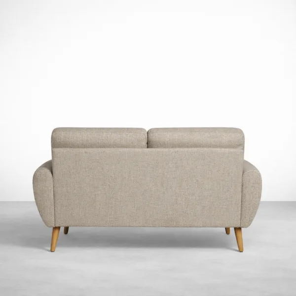 Beige 2 seater sofa back view showing clean upholstered back and teakwood legs