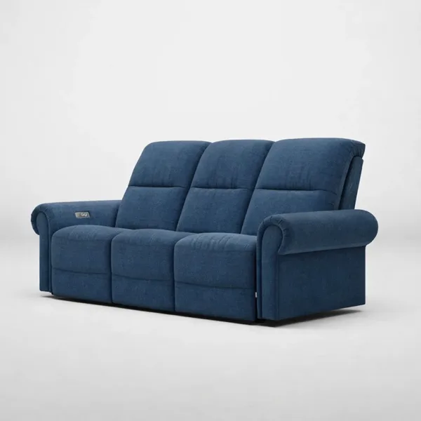 ocean blue 3 seater electric recliner sofa angled view INTERIORZE