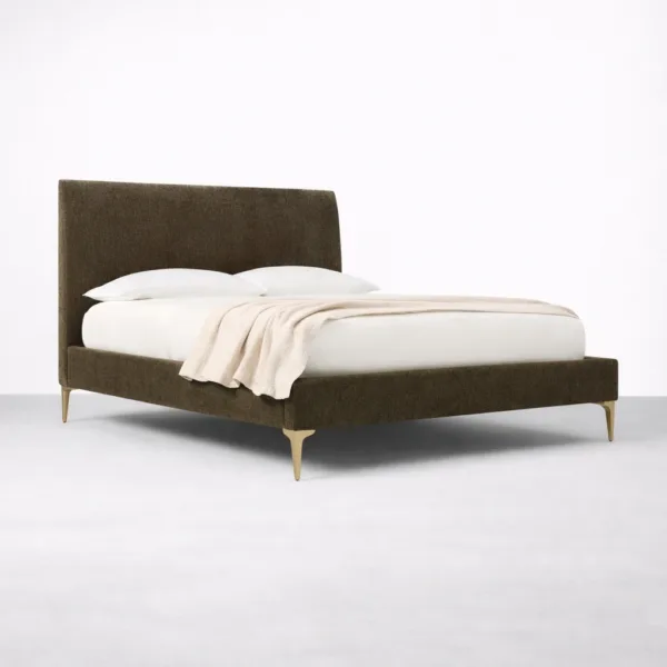 Olive upholstered bed with gold legs by INTERIORZE, made to order