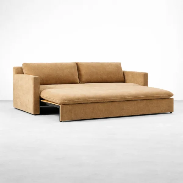 Aster pull-out sofa cum bed extended to bed position in mustard fabric by INTERIORZE