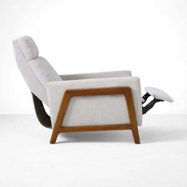 Ash grey recliner chair reclined side view with footrest extended and teakwood arm frame
