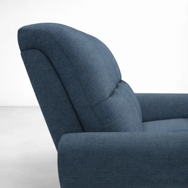 close up of ocean blue fabric upholstery on electric recliner sofa INTERIORZE