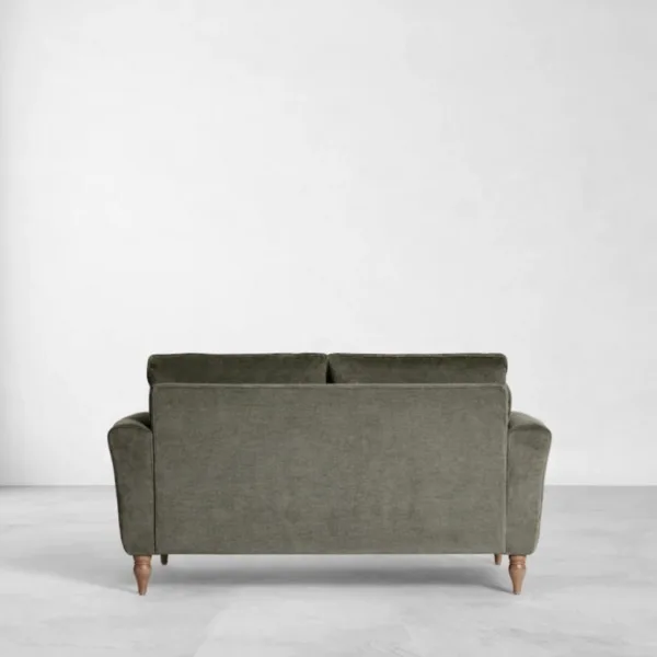 Olive green 2 seater sofa back view showing clean back panel and teakwood legs