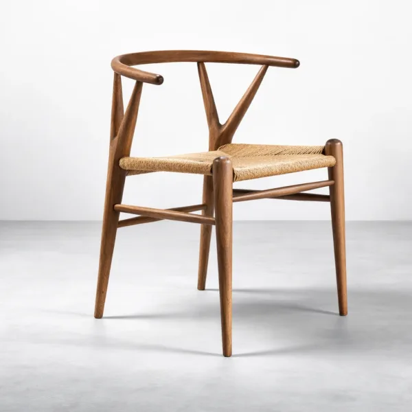 Angled view of teak wishbone dining chair with handwoven seat