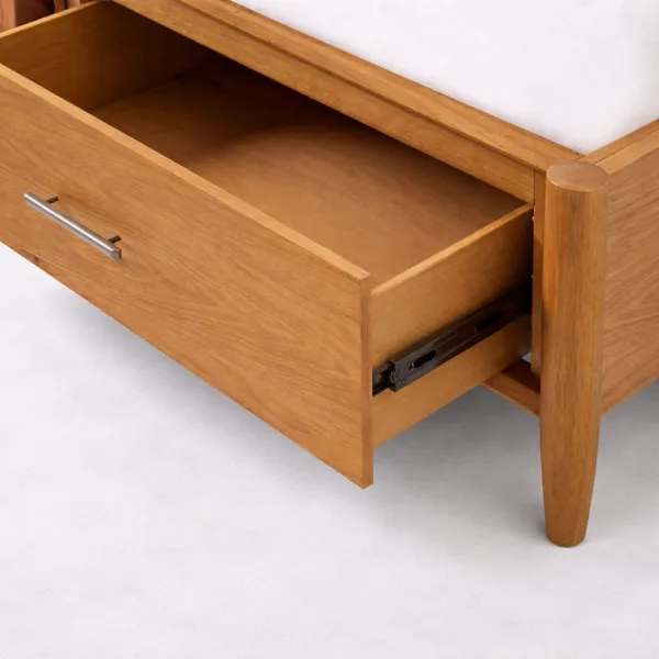 Close-up of open side drawer in INTERIORZE teakwood storage bed showing storage space and drawer runner