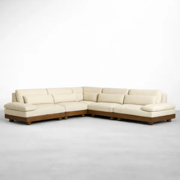 NTERIORZE Luna L-shape sectional sofa with teakwood base in ivory fabric