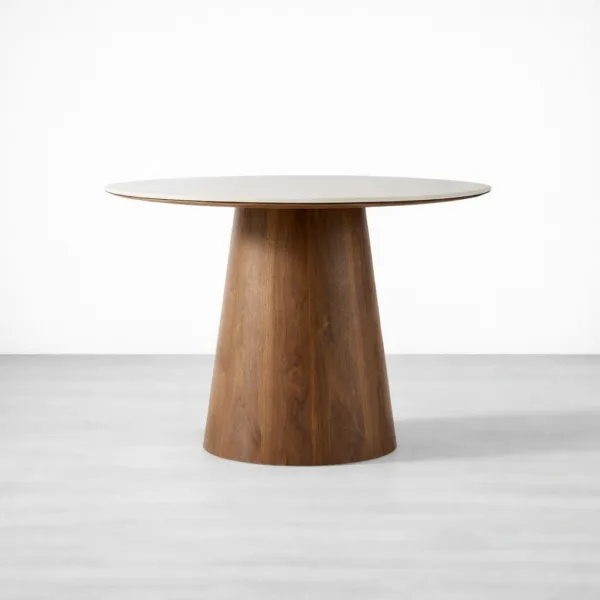 Aurora round marble top dining table with teakwood pedestal base by INTERIORZE