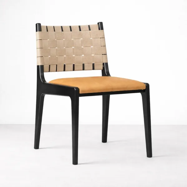Strap back dining chair front angle black frame beige strap backrest tan sea