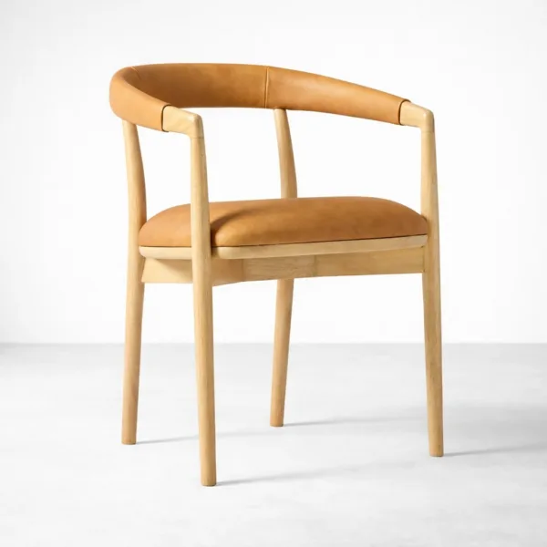 Teakwood upholstered dining chair natural frame tan seat front angle view