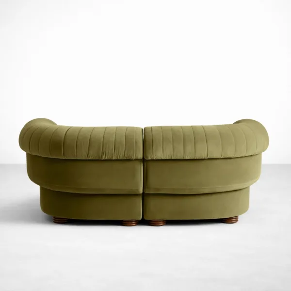 Back view of olive channel tufted 2 seater sofa in velvet by INTERIORZE