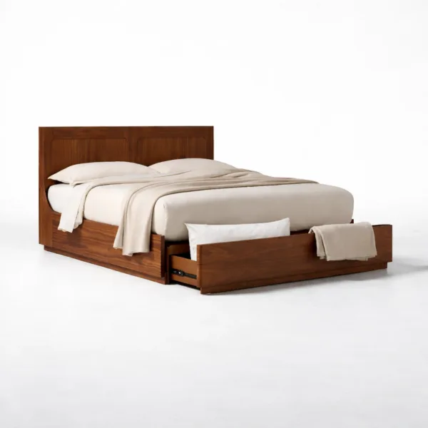 INTERIORZE Arvon teakwood storage bed with footboard drawer open front angled view