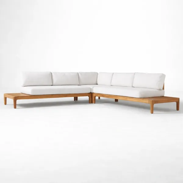 Teak wood outdoor sectional sofa in l shape with ivory seat and back cushions teak wood outdoor l shaped sofa