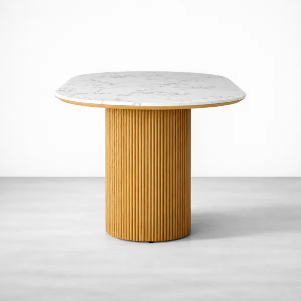 Round white marble top fluted teakwood pedestal dining table