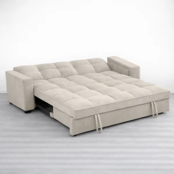 Beige pull-out sofa cum bed opened into bed with storage by INTERIORZE