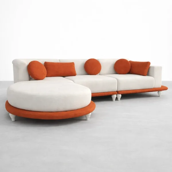 Front view with curved chaise and contrasting rust-orange cushions