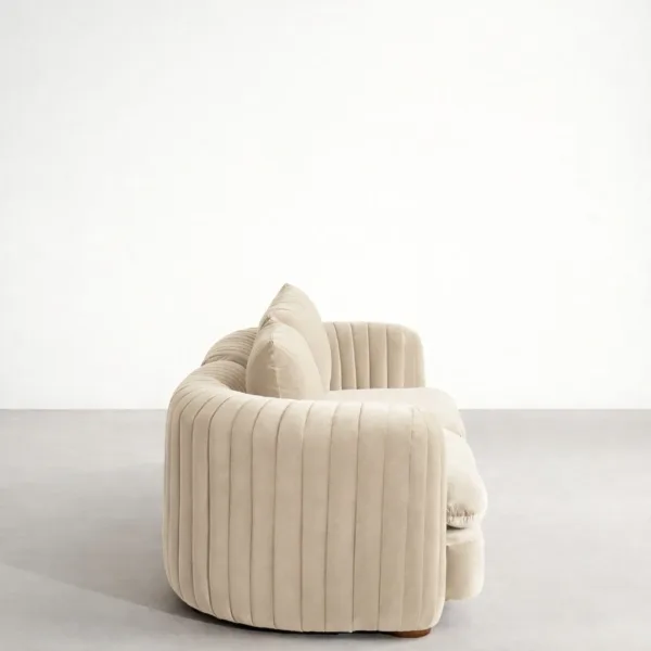 Side view of Arcura 2 seater teakwood sofa in ivory upholstery