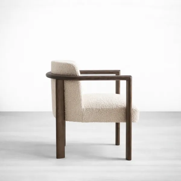 Boucle armchair teakwood frame side view with ivory boucle fabric